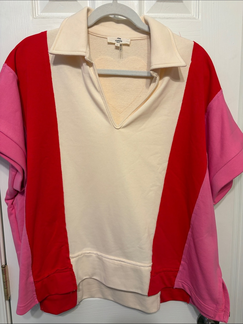 entro Cream, Red & Pink Colorblock Collared Pullover